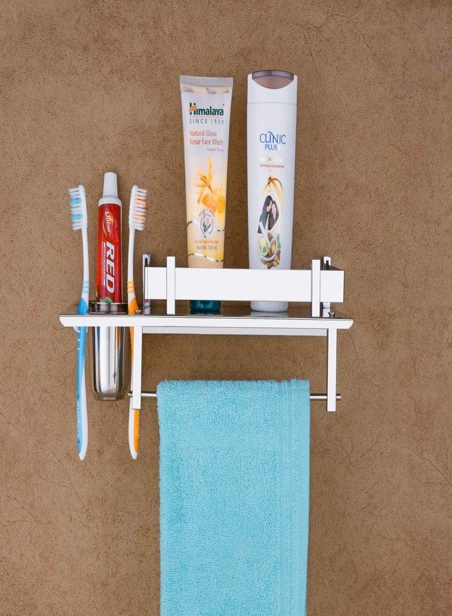 HANDY Bathroom Accessories Stainless Steel All in One Multipurpose Bathroom Shelf with Toothbrush Holder and Towel Rod All in One Item 14 x 5 inch - Image 2
